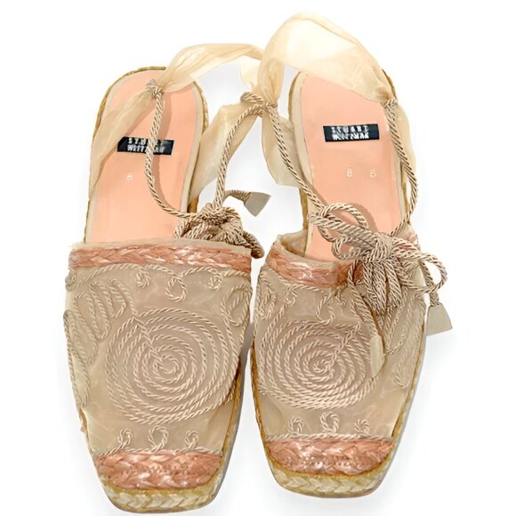 Stuart Weitzman Camel Tan Embroidered Mesh Lace Slingback Espadrilles Sandals 8 - Picture 4 of 10